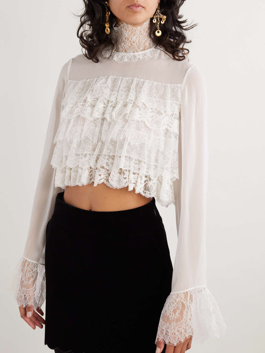 Tiered lace-trimmed silk-chiffon blouse