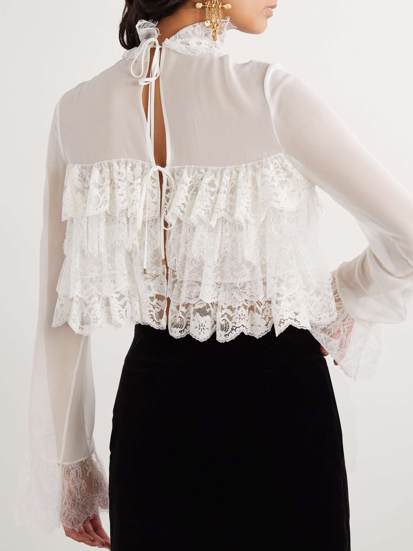 Tiered lace-trimmed silk-chiffon blouse