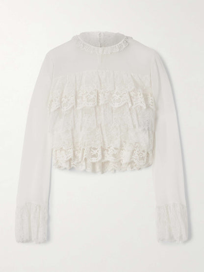 Tiered lace-trimmed silk-chiffon blouse
