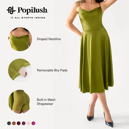 Satin draped neckline halter midi dress with shapewear