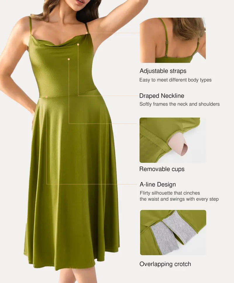 Satin draped neckline halter midi dress with shapewear