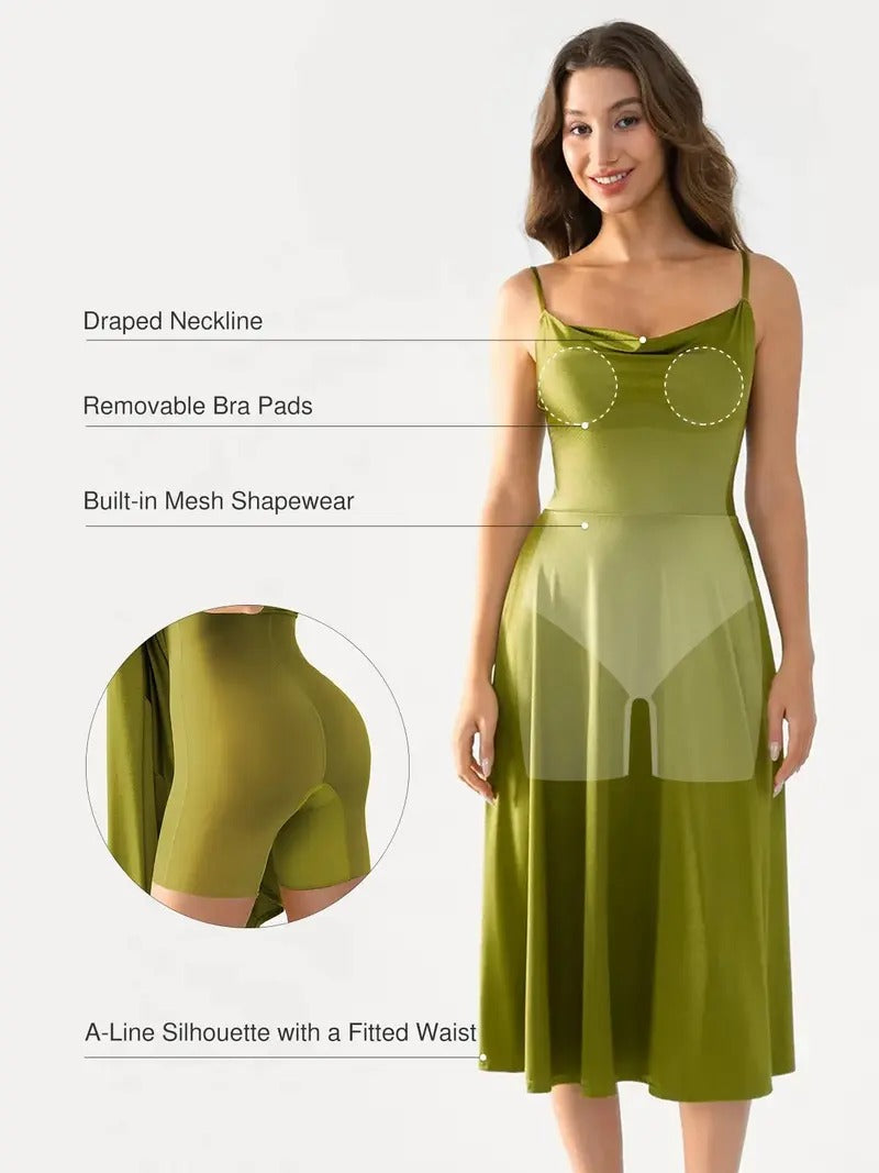Satin draped neckline halter midi dress with shapewear