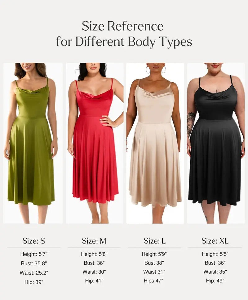 Satin draped neckline halter midi dress with shapewear