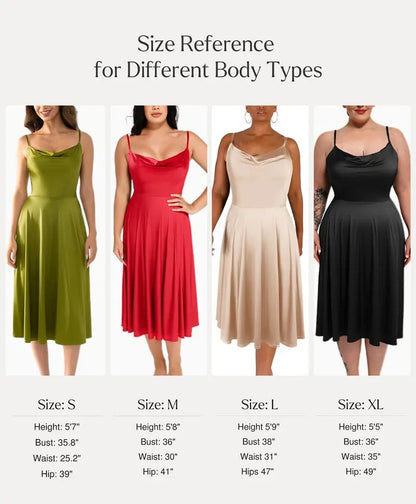 Satin draped neckline halter midi dress with shapewear