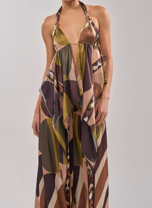 Tropical-style backless top and wide-leg pants set