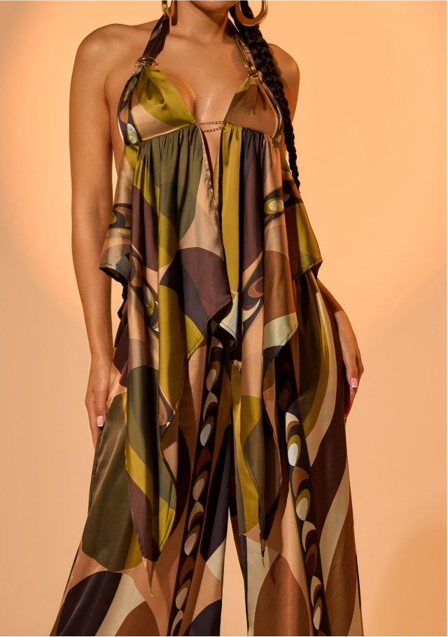 Tropical-style backless top and wide-leg pants set