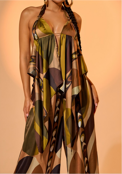 Tropical-style backless top and wide-leg pants set