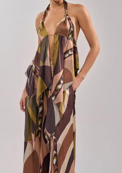 Tropical-style backless top and wide-leg pants set