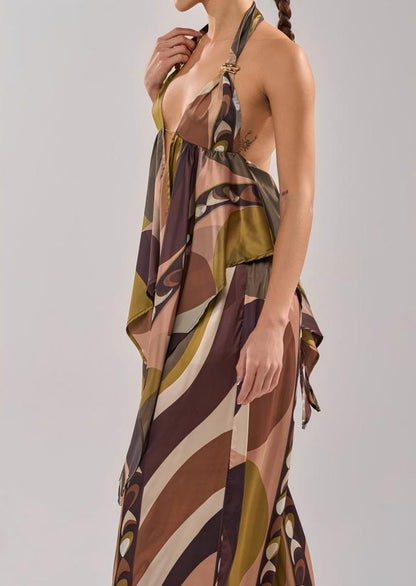 Tropical-style backless top and wide-leg pants set