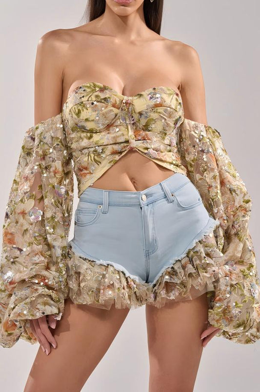 Floral puff-sleeve shirt + shorts set