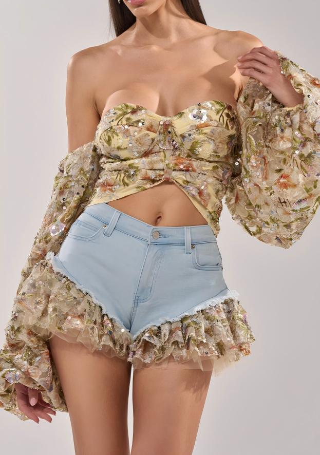 Floral puff-sleeve shirt + shorts set