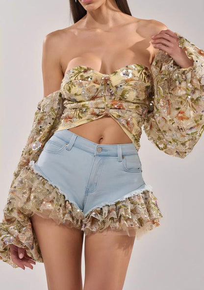 Floral puff-sleeve shirt + shorts set