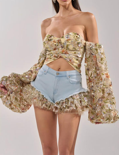 Floral puff-sleeve shirt + shorts set