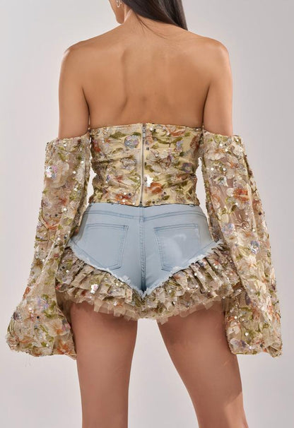Floral puff-sleeve shirt + shorts set