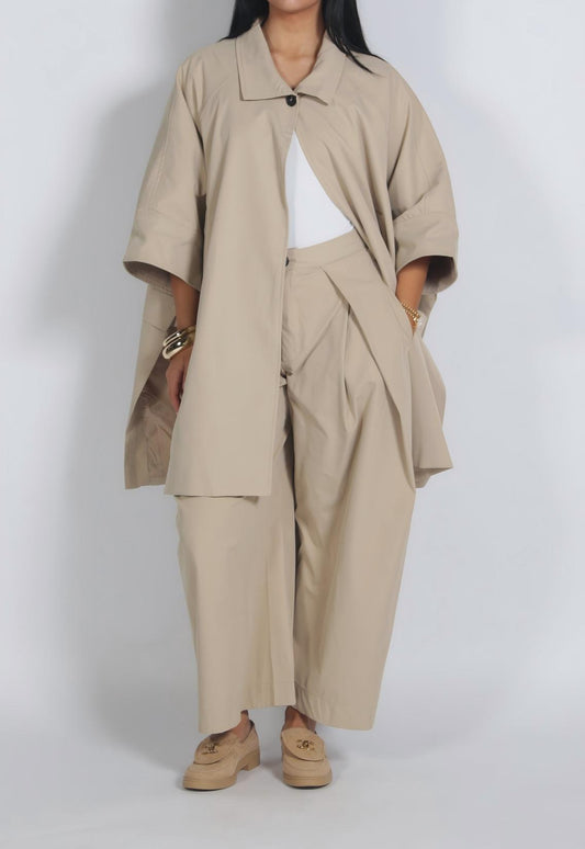 Stand-up collar loose trench coat + trousers set