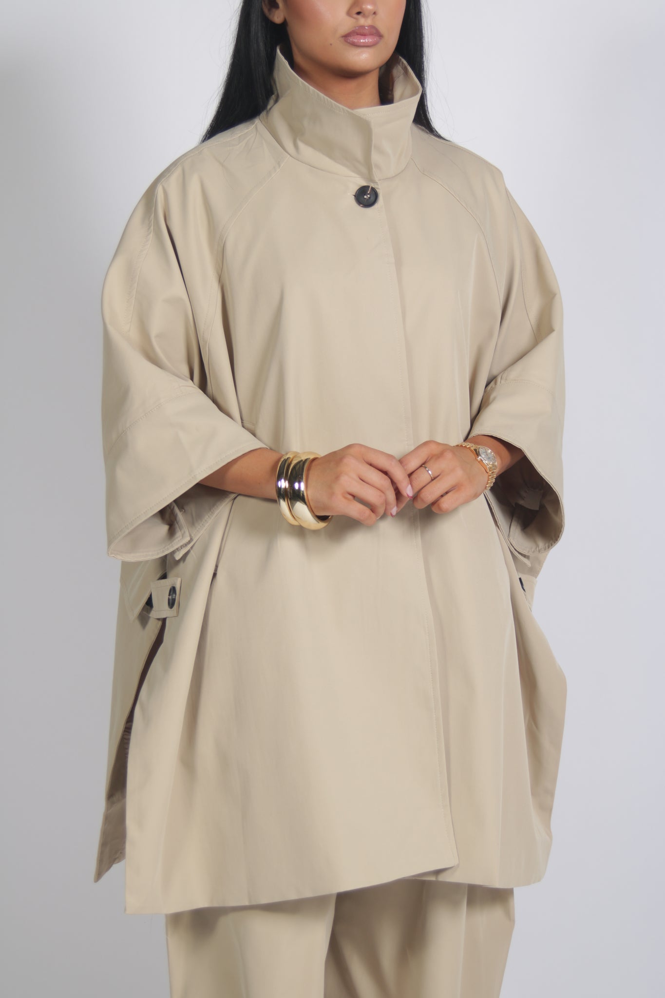 Stand-up collar loose trench coat + trousers set