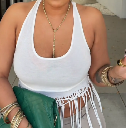 White Fringe Cotton Tank Top