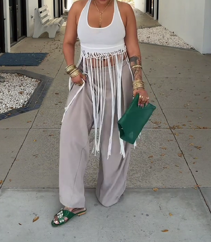 White Fringe Cotton Tank Top