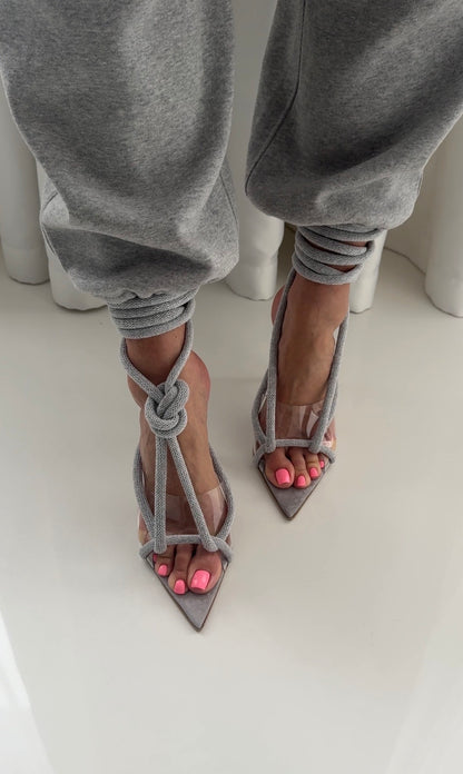 Thick rope woven pointed high heels
