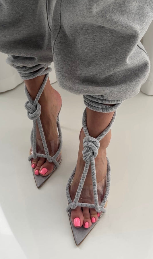 Thick rope woven pointed high heels