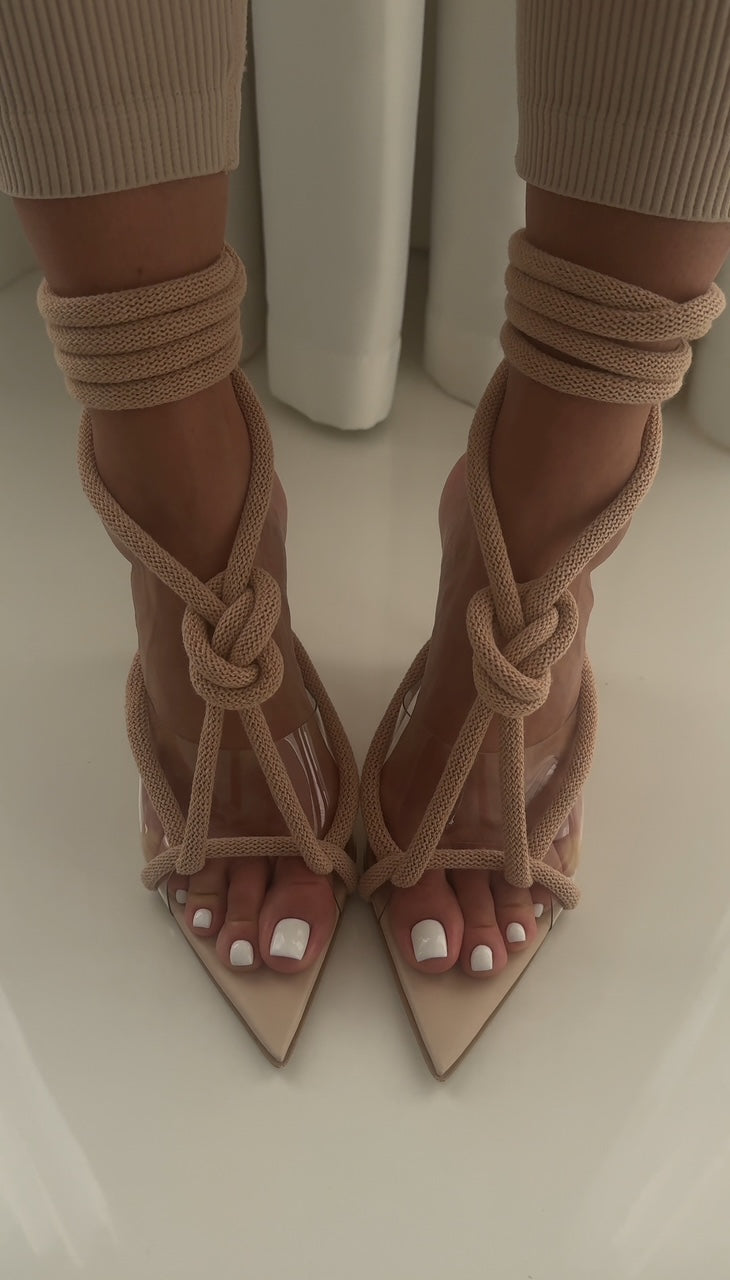 Thick rope woven pointed high heels
