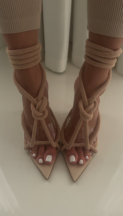 Thick rope woven pointed high heels
