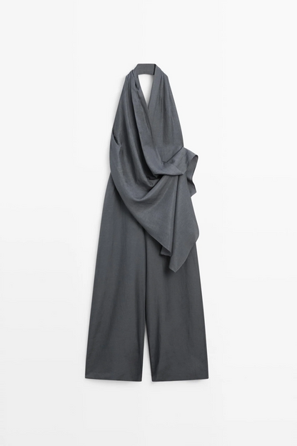 Asymmetric draped jumpsuit