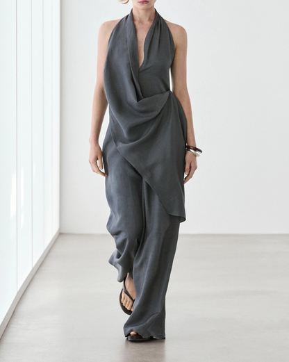 Asymmetric draped jumpsuit