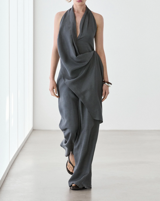 Asymmetric draped jumpsuit