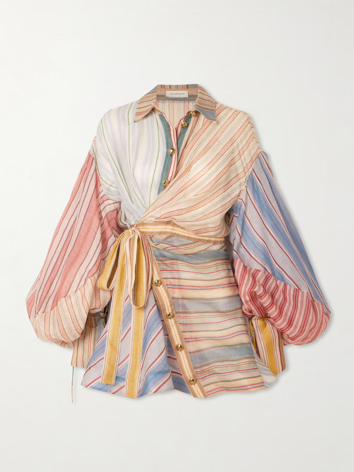 Rebellion patchwork striped linen and silk-blend voile mini wrap dress