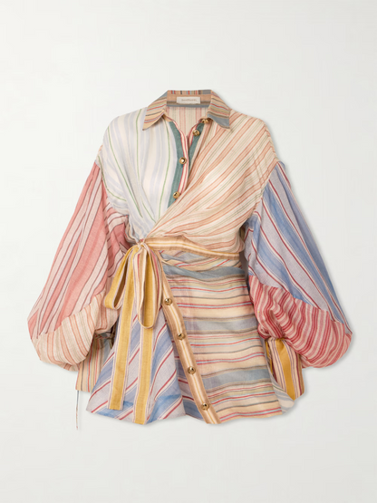 Rebellion patchwork striped linen and silk-blend voile mini wrap dress