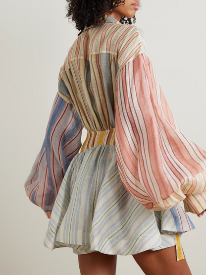 Rebellion patchwork striped linen and silk-blend voile mini wrap dress
