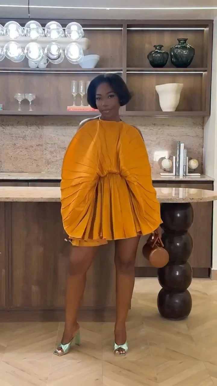 Irregularly pleated flared dress