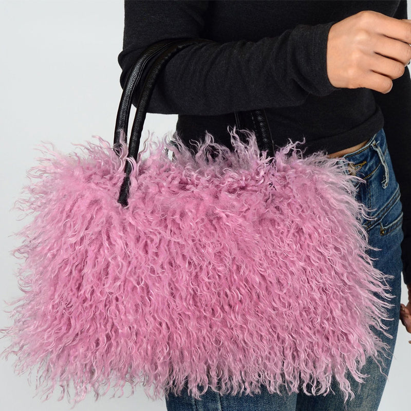 Imitation Wool Tote Bag With Genuine Leather Handles Handbag