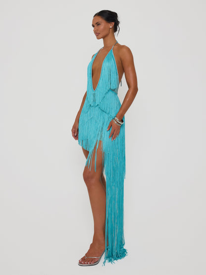 Tiered fringe halter dress