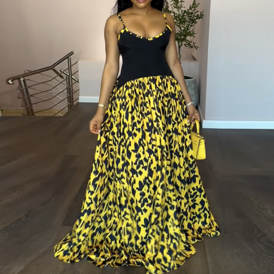 Suspender Printed V-Neck High Waist Maxi Dress