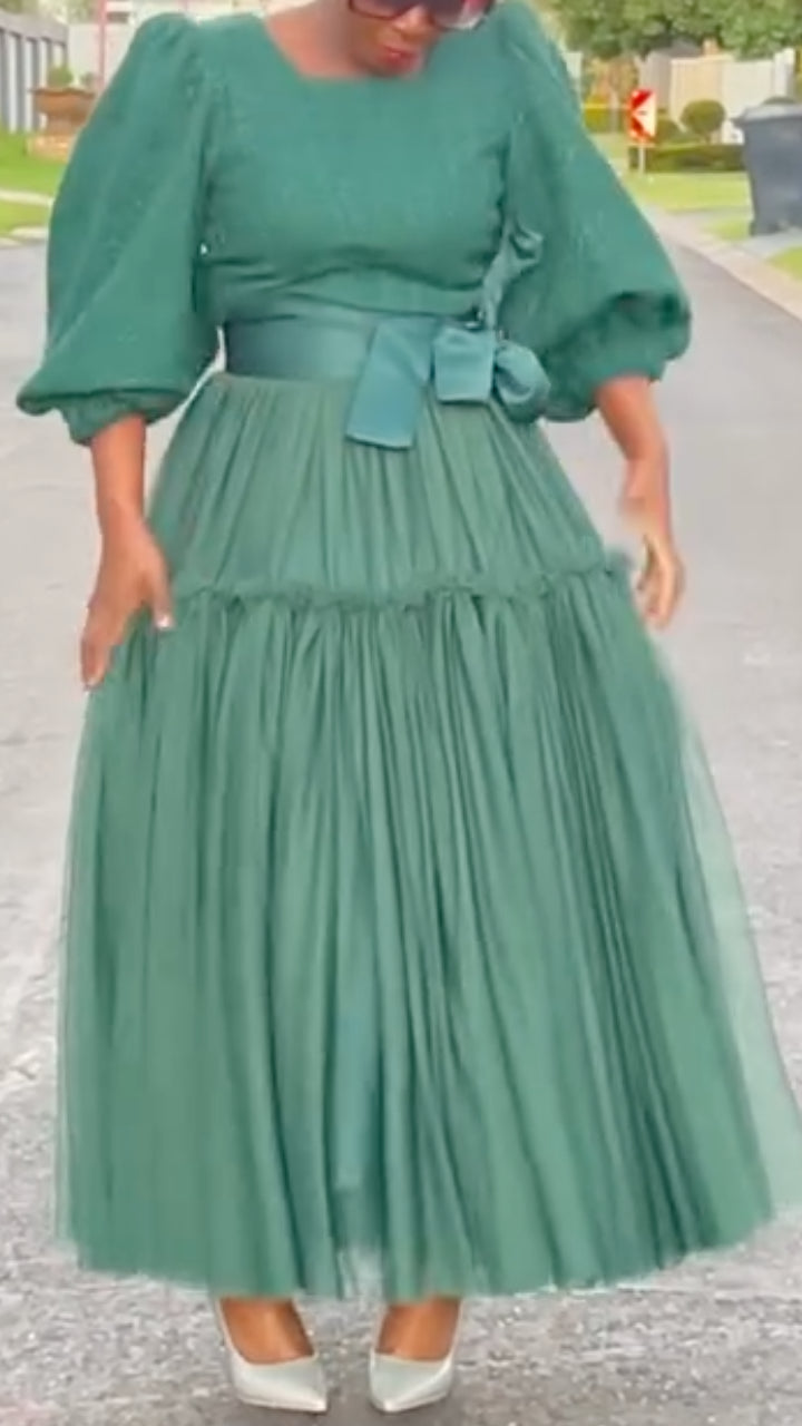 Green Puff Sleeve Top &amp; Tiered Tulle Skirt Co-Ord Set