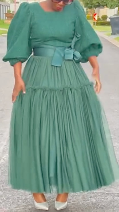 Green Puff Sleeve Top &amp; Tiered Tulle Skirt Co-Ord Set