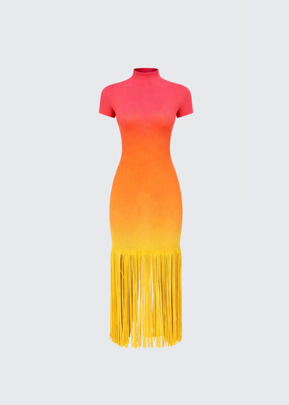 Ombré-effect stretch maxi skirt with fringe detail