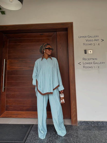 Spacious striped color-block shirt and wide-leg pants suit