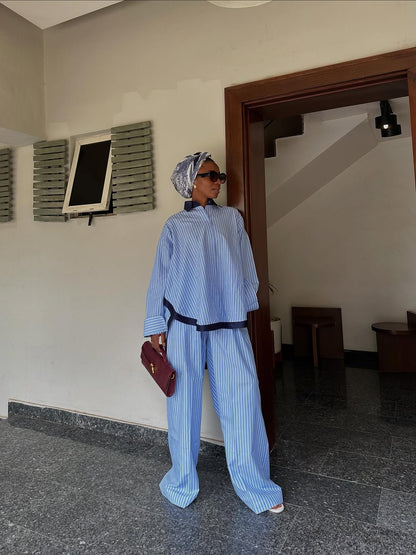 Spacious striped color-block shirt and wide-leg pants suit
