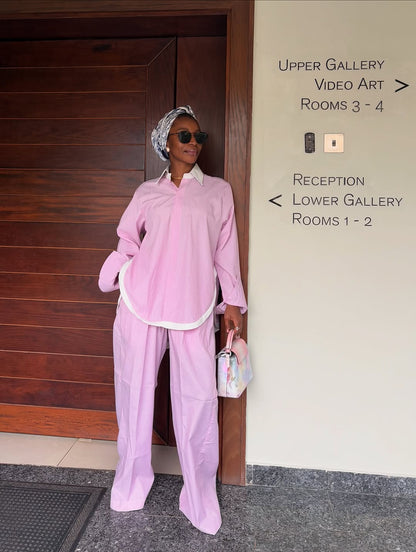 Spacious striped color-block shirt and wide-leg pants suit