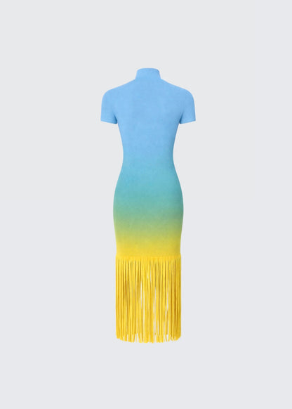 Ombré-effect stretch maxi skirt with fringe detail
