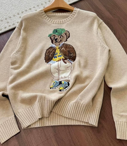 Retro classic heavy embroidery cartoon bear sweater