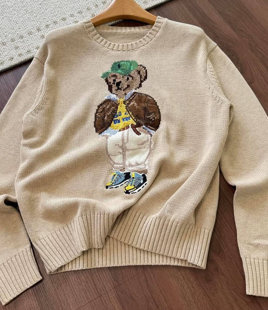 Retro classic heavy embroidery cartoon bear sweater