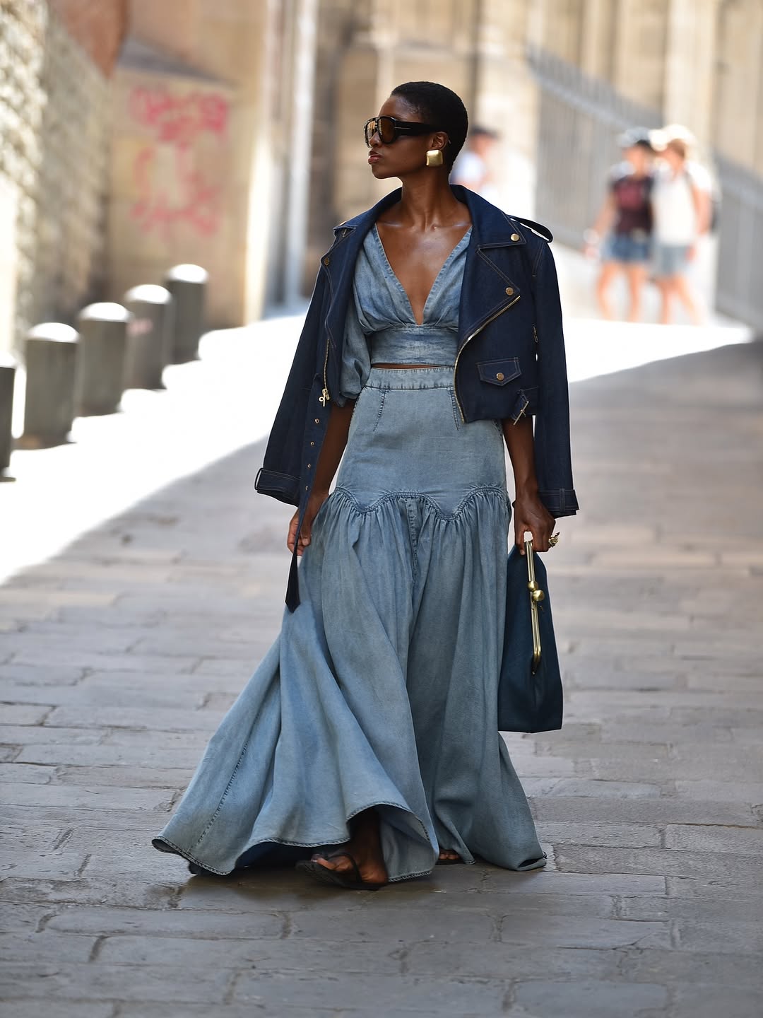 Soft denim long skirt two-piece suit