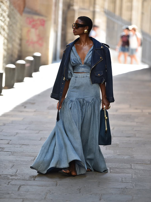 Soft denim long skirt two-piece suit