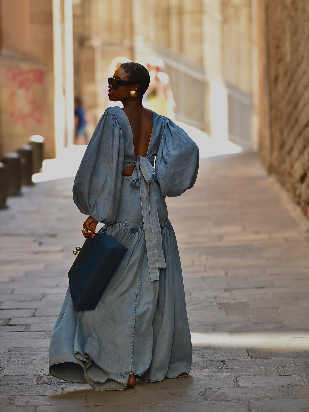 Soft denim long skirt two-piece suit