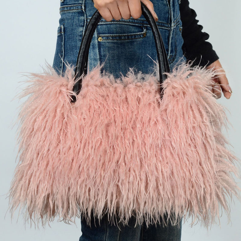 Imitation Wool Tote Bag With Genuine Leather Handles Handbag