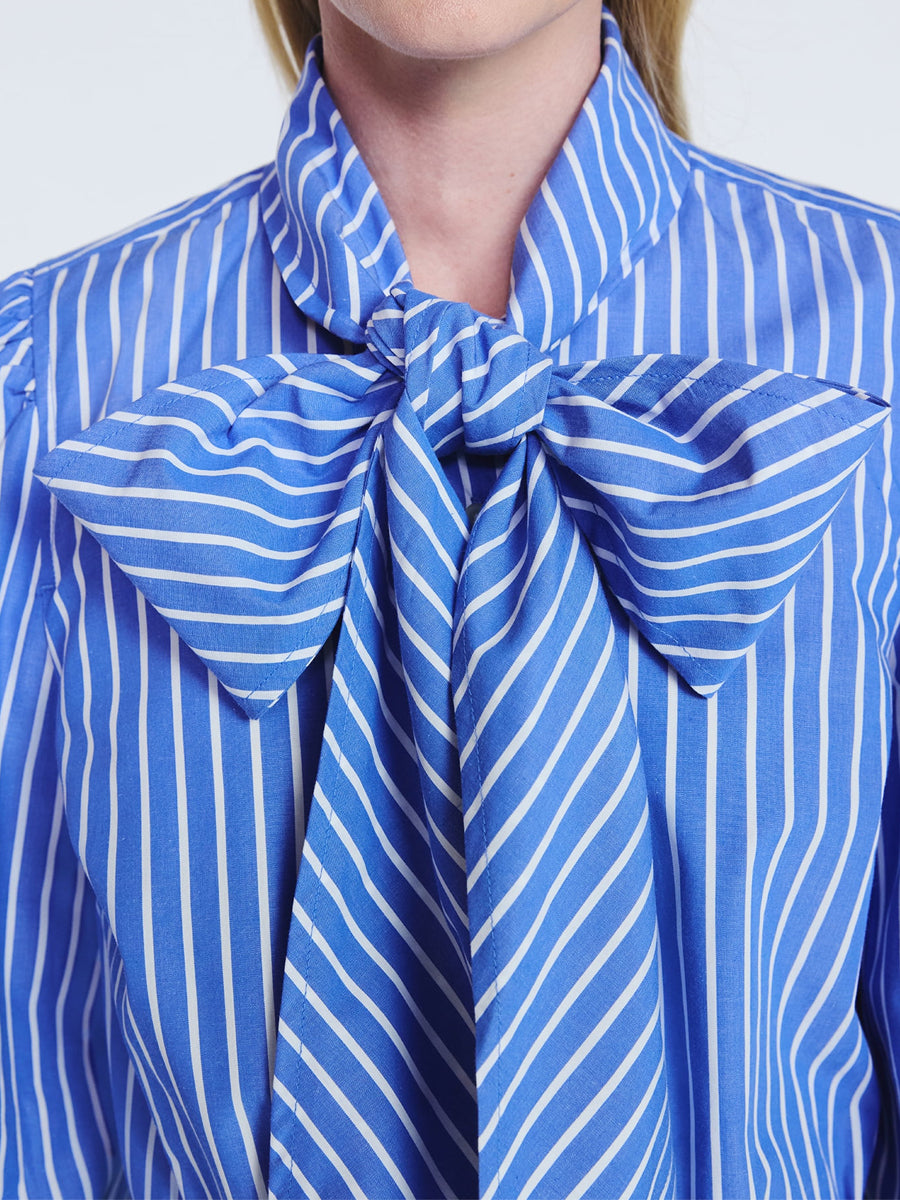 Tie Neck Puff Sleeves Striped Print Blouse